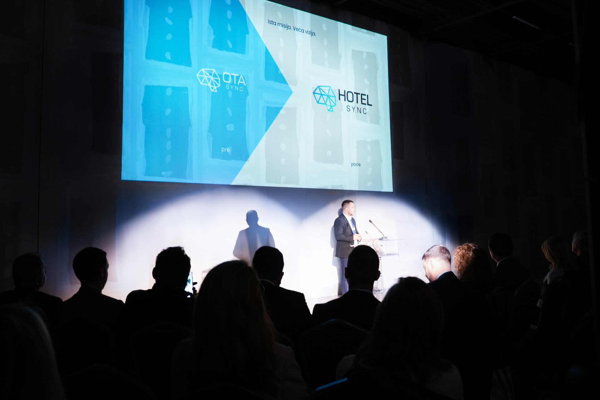 Presentatie op het podium van de HotelSync rebranding, met de overgang van OTA Sync naar HotelSync