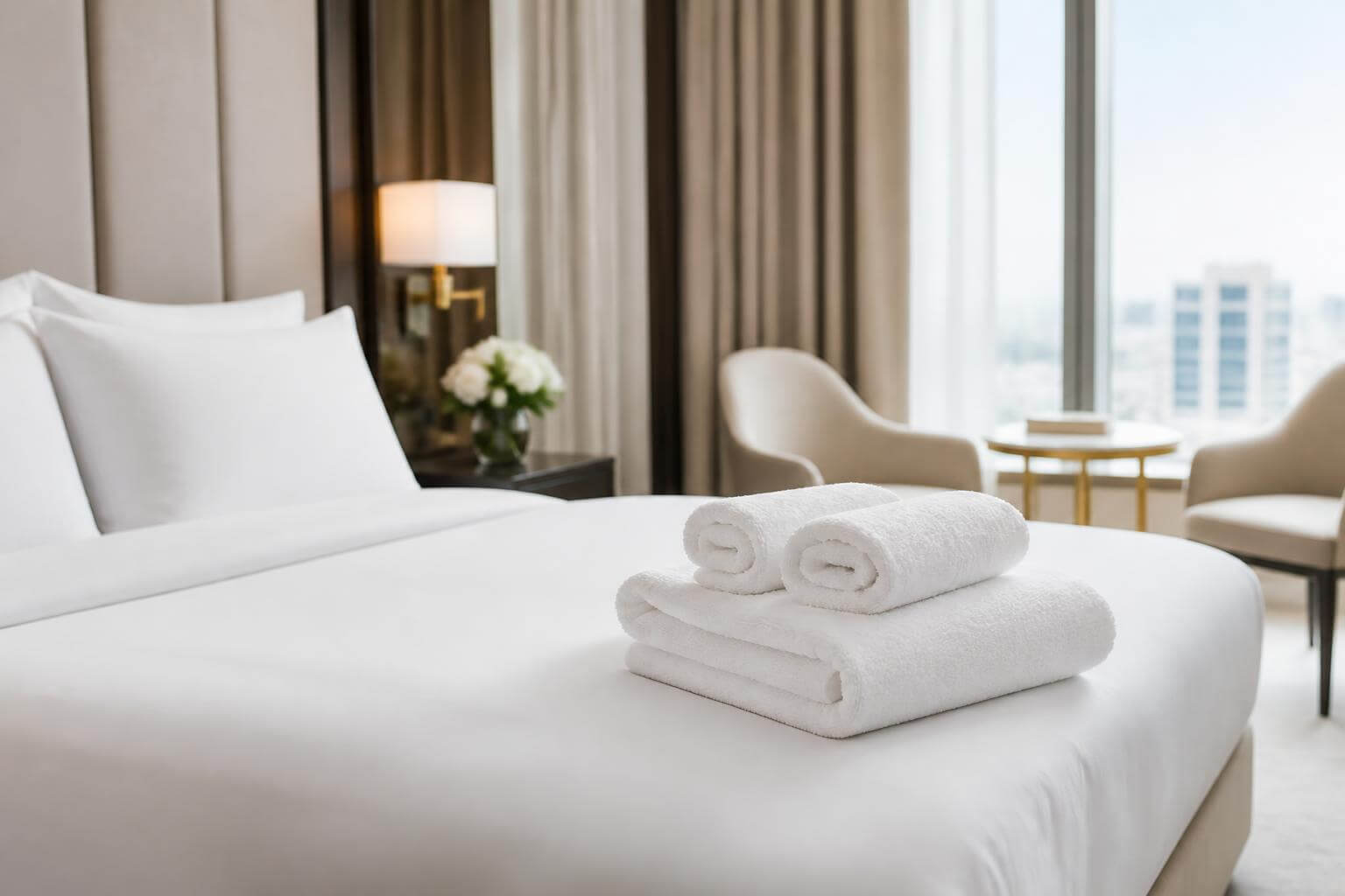 Luxe hotelkamer met netjes opgevouwen witte handdoeken op een pas opgemaakt bed